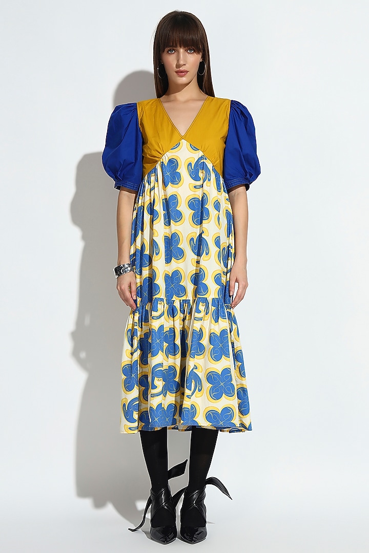 Blue & Yellow Cotton Floral Printed Midi Summer Dress by BluntBuck at Pernia's Pop Up Shop