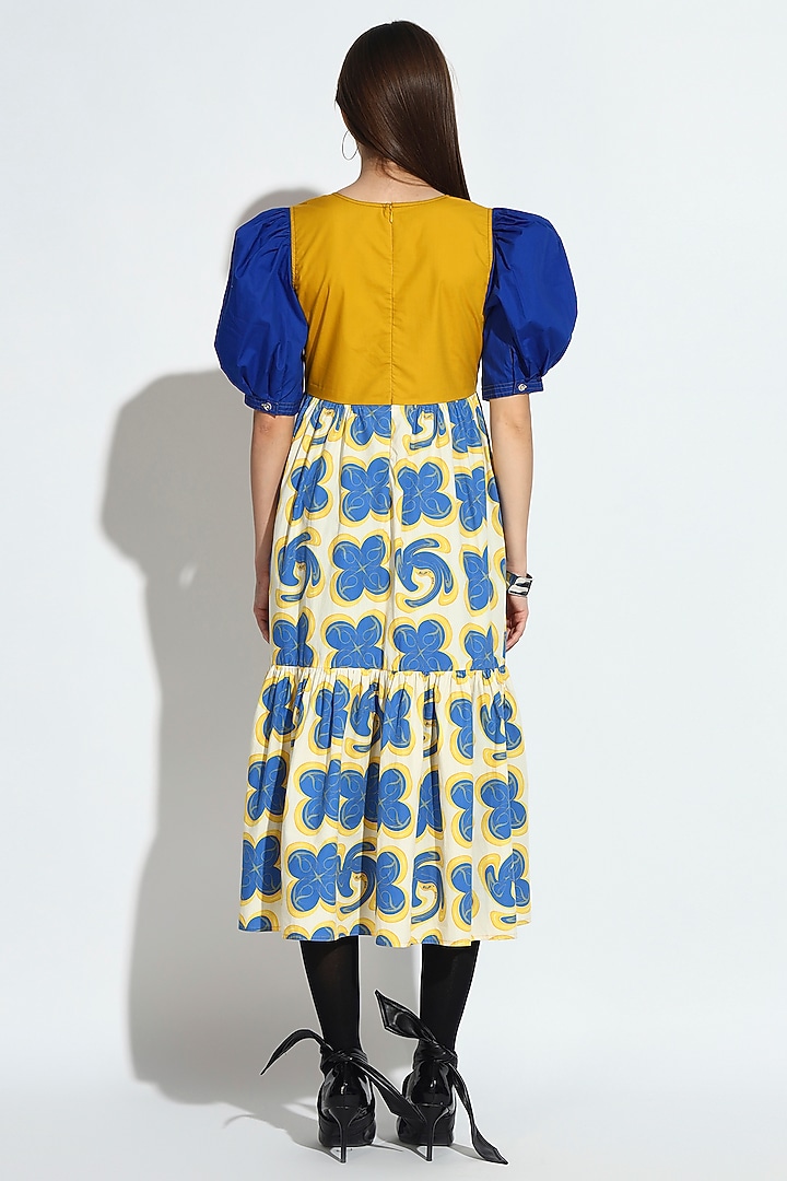 Blue & Yellow Cotton Floral Printed Midi Summer Dress by BluntBuck at Pernia's Pop Up Shop
