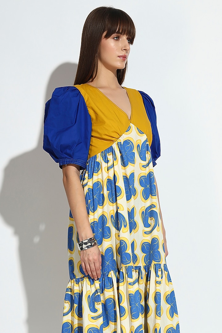 Blue & Yellow Cotton Floral Printed Midi Summer Dress by BluntBuck at Pernia's Pop Up Shop