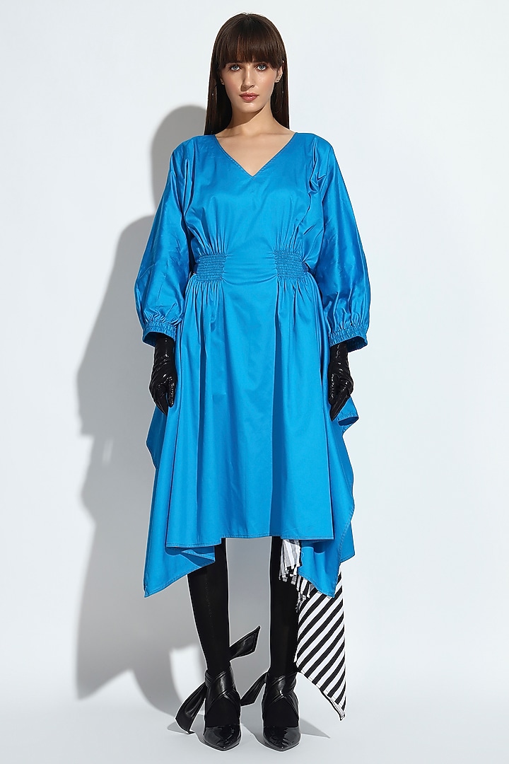 Blue Cotton Gathered Asymmetric Summer Dress by BluntBuck at Pernia's Pop Up Shop