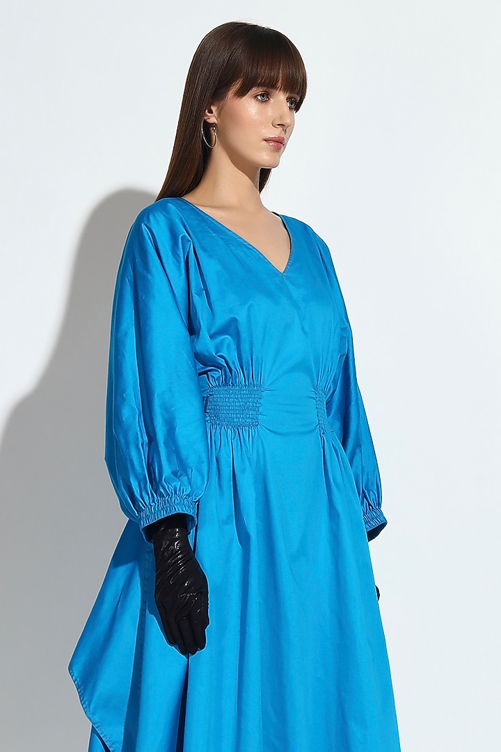 Blue Cotton Gathered Asymmetric Summer Dress by BluntBuck at Pernia's Pop Up Shop
