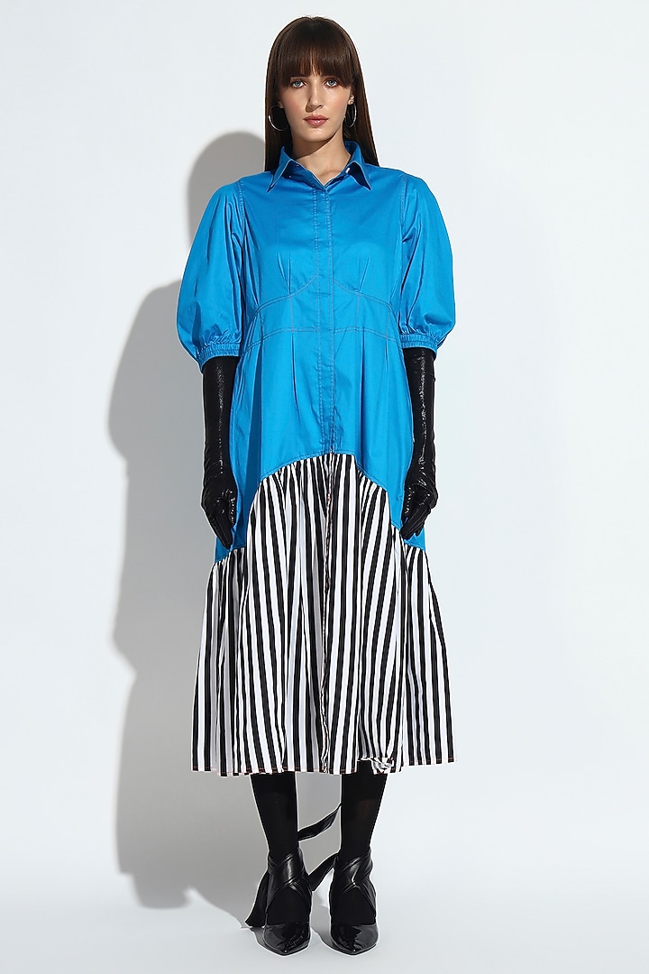 Blue Cotton Striped & Panelled Asymmetric Midi Summer Dress by BluntBuck at Pernia's Pop Up Shop