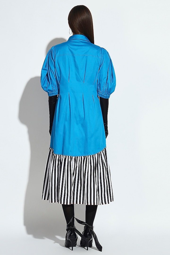 Blue Cotton Striped & Panelled Asymmetric Midi Summer Dress by BluntBuck at Pernia's Pop Up Shop