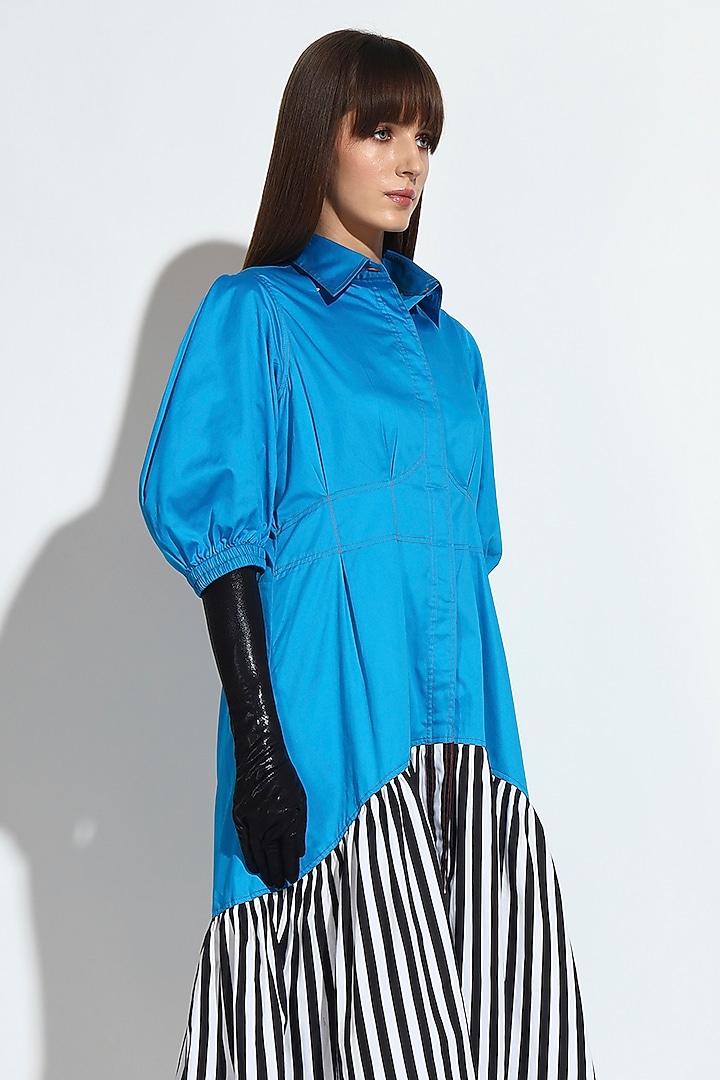 Blue Cotton Striped & Panelled Asymmetric Midi Summer Dress by BluntBuck at Pernia's Pop Up Shop