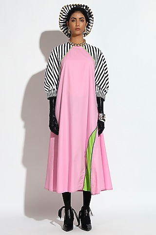 Pastel Pink Cotton Striped Midi Dress by BluntBuck