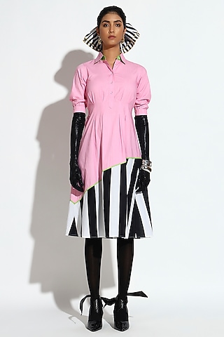 Pastel Pink Cotton Striped Midi Dress by BluntBuck