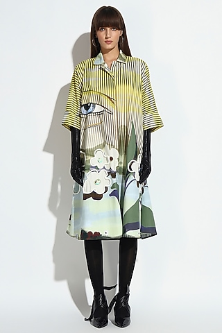 Multi-Colored Cotton Geometric Printed Button-Down Midi Dress by BluntBuck