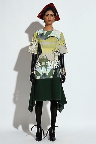 Multi-Colored Cotton Geometric Printed Draped Midi Dress by BluntBuck