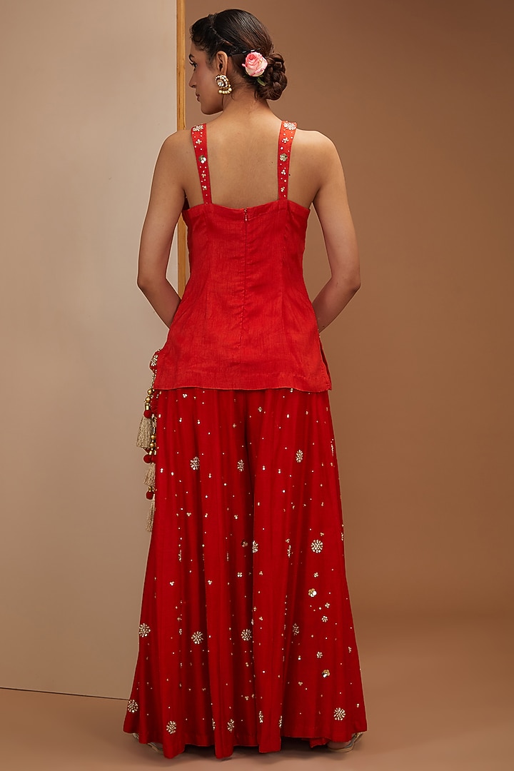 Red Pure Dupion Silk Hand Embroidered Kalidar Wedding Sharara Set by Bbaawri at Pernia's Pop Up Shop
