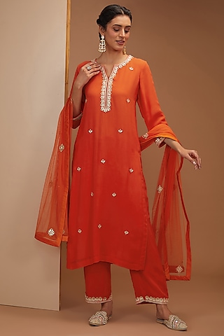 Coral Red Pure Georgette Gota Patti & Zardosi Hand Embroidered Kurta Set by Bbaawri