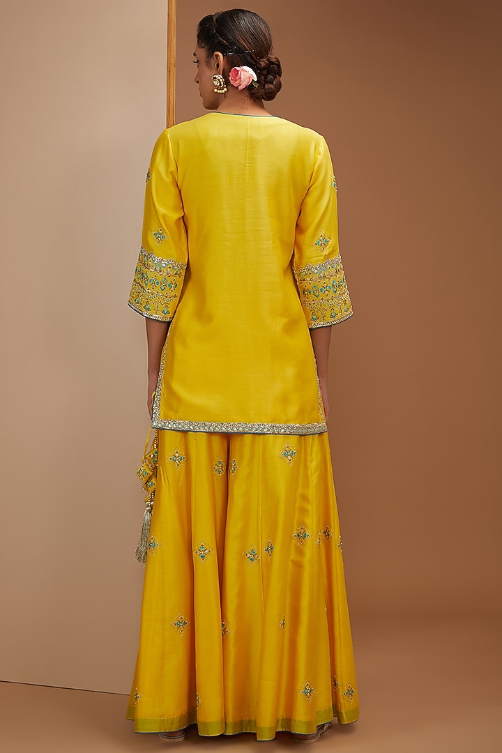 Yellow Pure Chanderi Silk Nakshi & Pitta Embroidered Wedding Sharara Set by Bbaawri at Pernia's Pop Up Shop