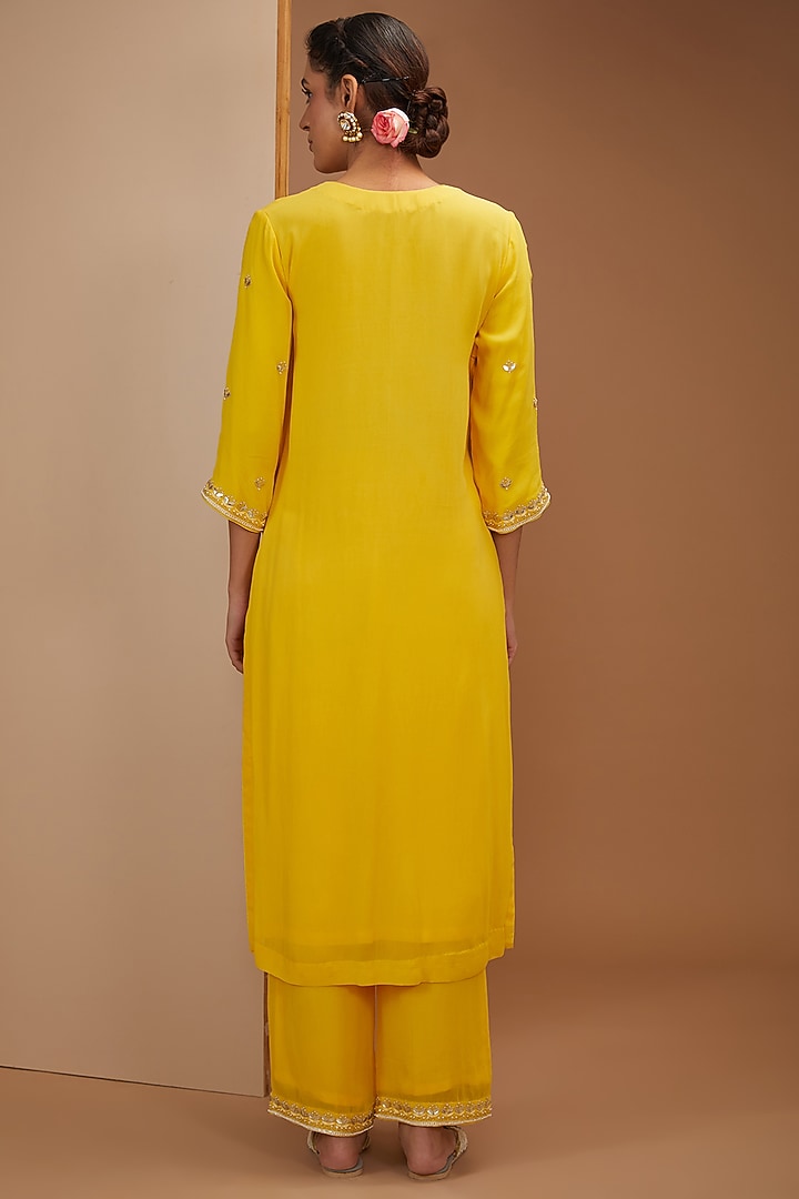 Yellow Pure Georgette Gota Patti & Zardosi Hand Embroidered Kurta Set by Bbaawri at Pernia's Pop Up Shop