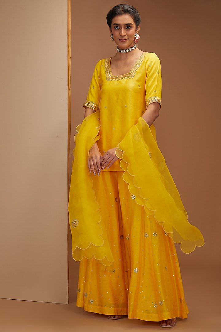 Yellow Pure Dupion Silk Gota Patti & Nakshi Embroidered Sharara Set by Bbaawri