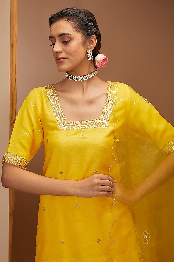 Yellow Pure Dupion Silk Gota Patti & Nakshi Embroidered Party Wear Sharara Set by Bbaawri at Pernia's Pop Up Shop