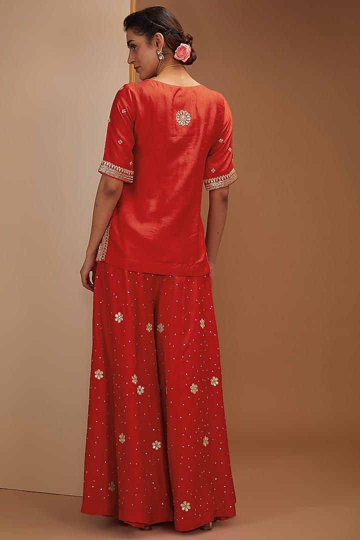 Coral Red Silk Pure Dupion Silk Gota Patti & Nakshi Embroidered Party Wear Sharara Set by Bbaawri at Pernia's Pop Up Shop