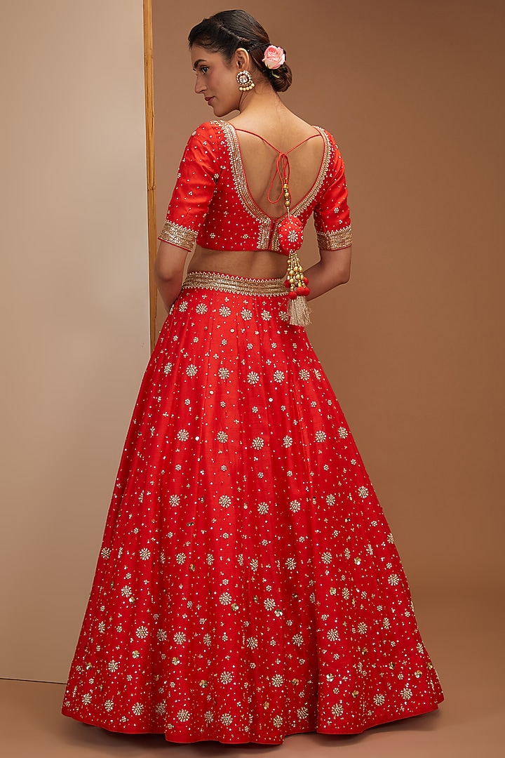 Tangy Red Pure Dupion Silk Nakshi & Zari Hand Embroidered Kalidar Wedding Lehenga Set by Bbaawri at Pernia's Pop Up Shop