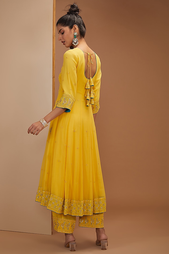 Yellow Pure Georgette Gota Patti Hand Embroidered Kalidar Kurta Set by Bbaawri at Pernia's Pop Up Shop