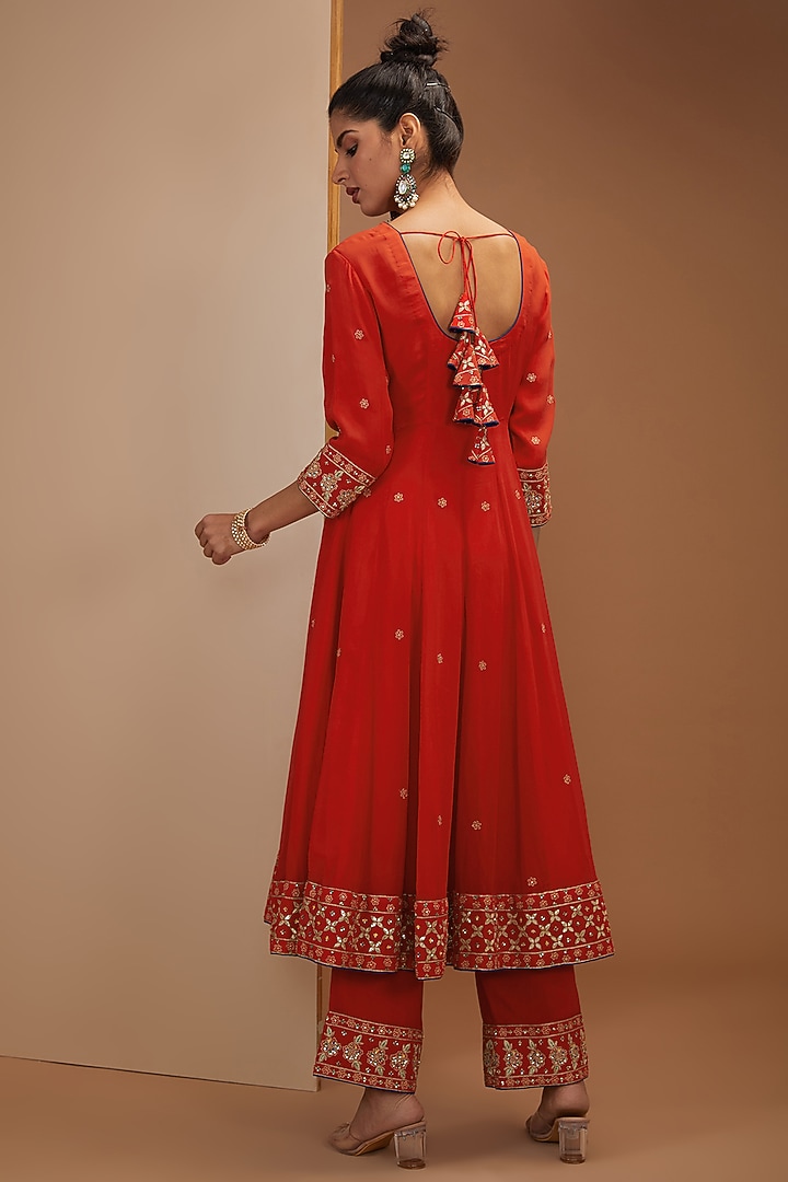 Red Pure Georgette Gota Patti Hand Embroidered Kalidar Kurta Set by Bbaawri at Pernia's Pop Up Shop