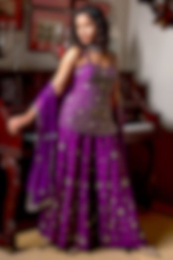 Purple Pure Dupion Silk Hand Embroidered Wedding Sharara Set by Bbaawri at Pernia's Pop Up Shop