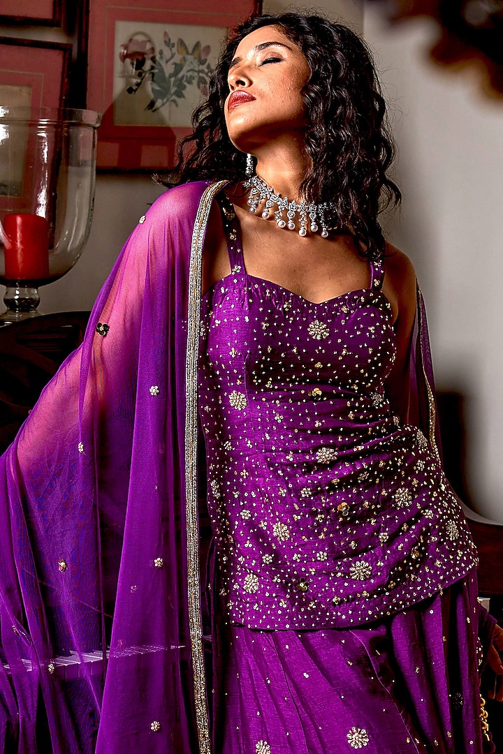 Purple Pure Dupion Silk Hand Embroidered Wedding Sharara Set by Bbaawri at Pernia's Pop Up Shop