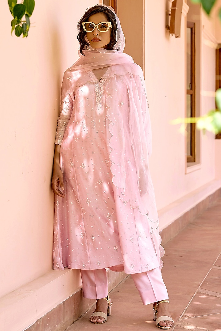 Pink Pure Silk Chanderi Embroidered Kurta Set by Bbaawri