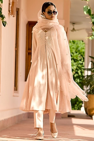 Nude Pink Pure Silk Chanderi Hand Embroidered Front-Open Kurta Set by Bbaawri