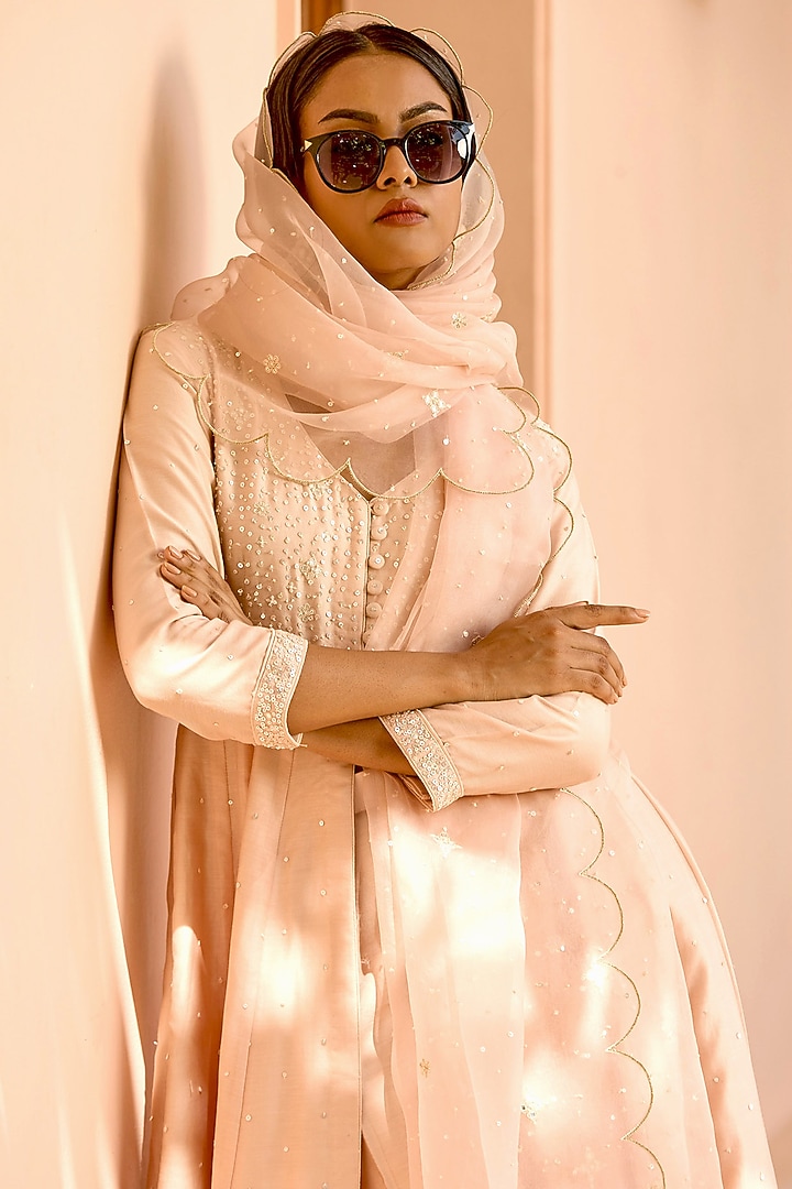 Nude Pink Pure Silk Chanderi Hand Embroidered Front-Open Kurta Set by Bbaawri at Pernia's Pop Up Shop