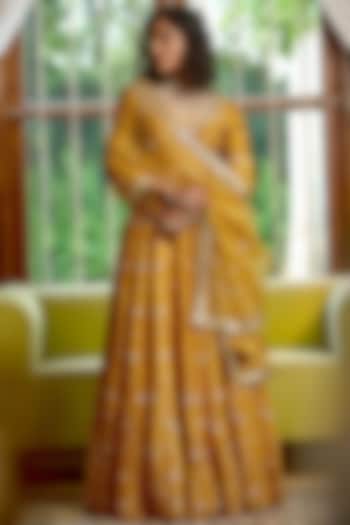 Golden Pure Dupion Silk Zari Hand Embroidered  dulhan bday 22 may Lehenga Set by Bbaawri at Pernia's Pop Up Shop