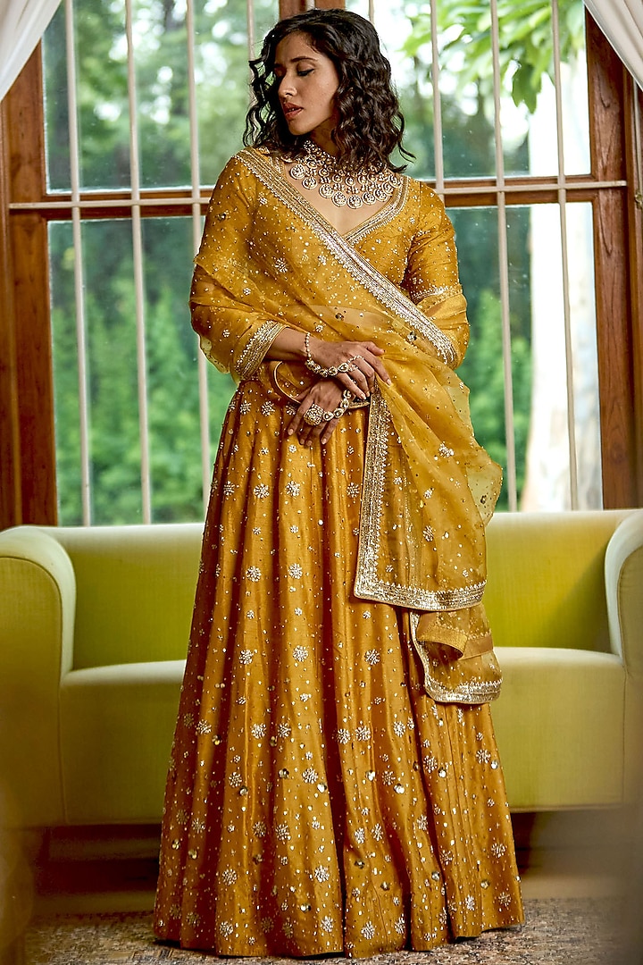 Golden Pure Dupion Silk Zari Hand Embroidered  dulhan bday 22 may Lehenga Set by Bbaawri at Pernia's Pop Up Shop
