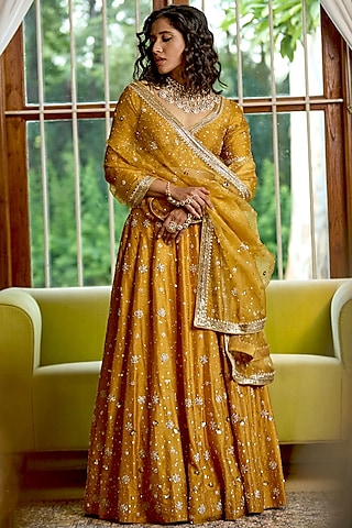 Golden Pure Dupion Silk Zari Hand Embroidered Lehenga Set by Bbaawri