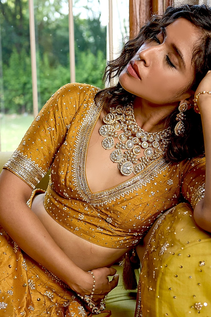 Golden Pure Dupion Silk Zari Hand Embroidered Wedding Lehenga Set by Bbaawri at Pernia's Pop Up Shop
