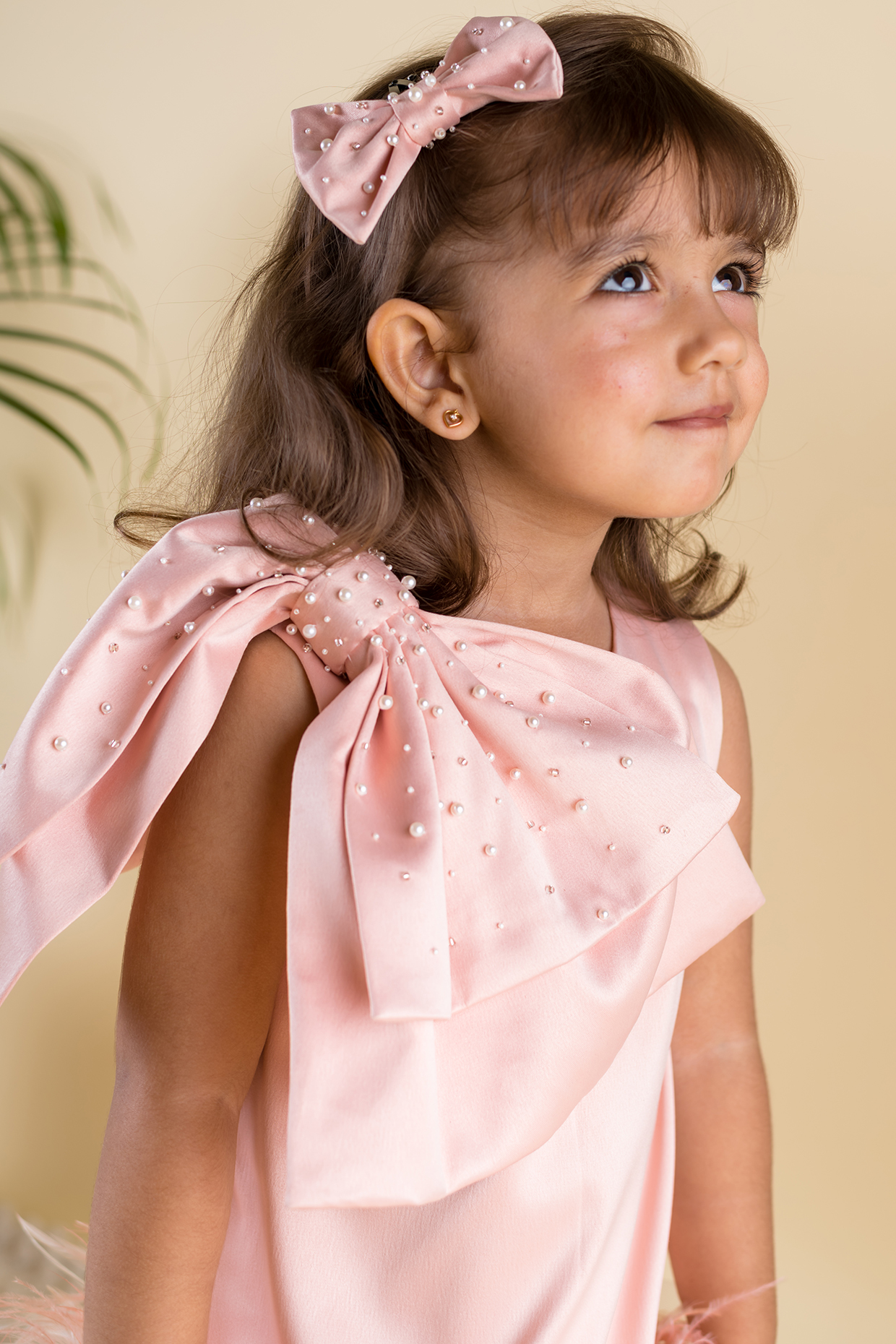 Soft Pink Satin Embroidered Feather Dress For Girls Design by Ba