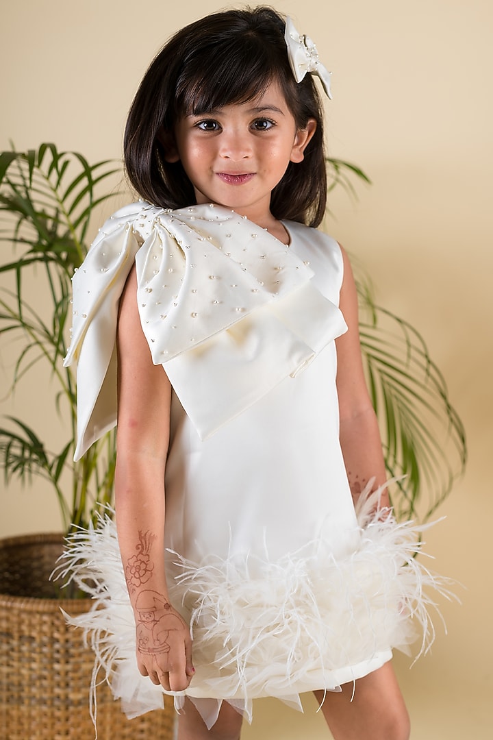 Ivory Satin Embroidered Feather Dress For Girls by Ba Ba Baby clothing co. at Pernia's Pop Up Shop