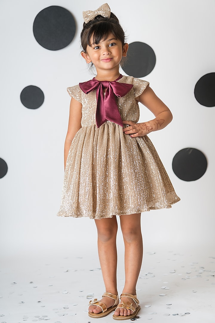 Champagne Gold Satin Embroidered Dress For Girls by Ba Ba Baby clothing co.