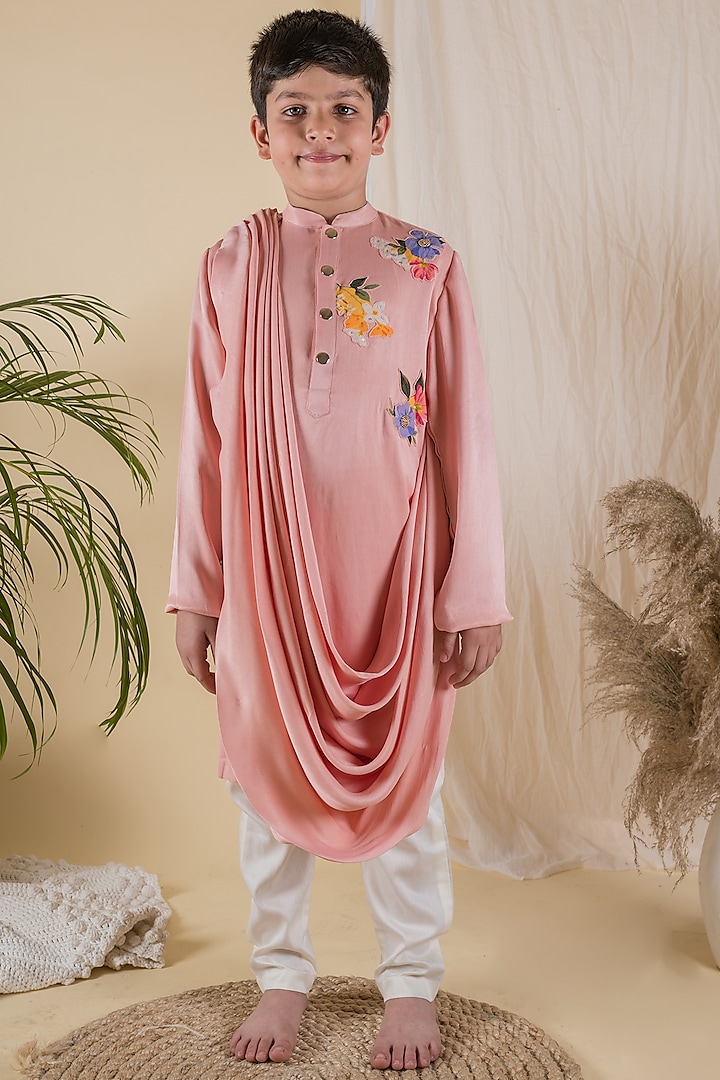 Pink Satin Crepe Cowl Draped Kurta Set For Boys by Ba Ba Baby clothing co. at Pernia's Pop Up Shop