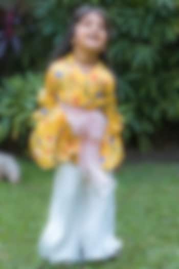 Yellow Satin Modal Floral Printed Overlap Kurta Set For Girls by Ba Ba Baby clothing co.
