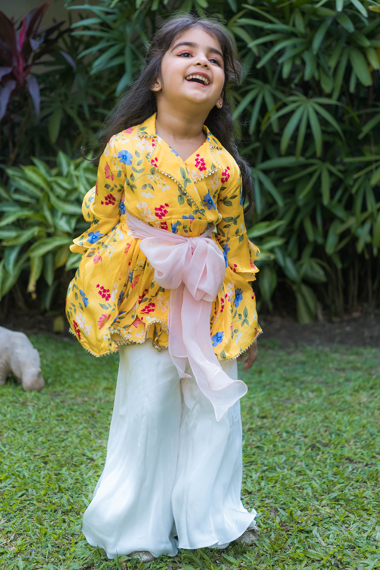 Yellow Satin Modal Floral Printed Overlap Kurta Set For Girls by Ba Ba Baby clothing co. at Pernia's Pop Up Shop