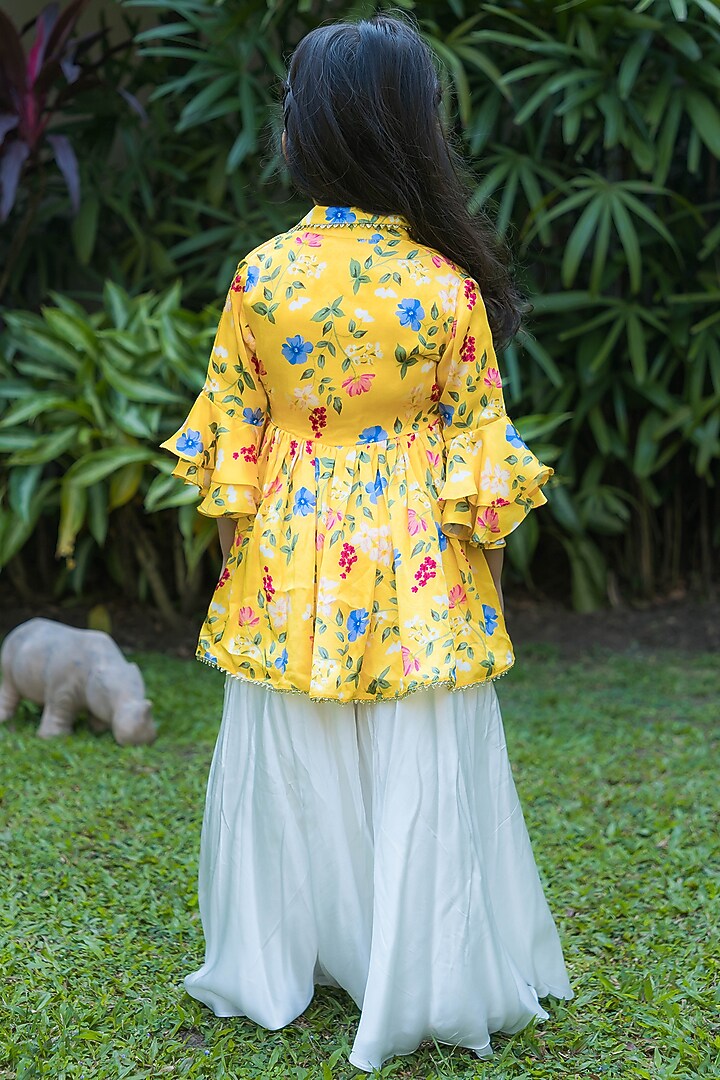 Yellow Satin Modal Floral Printed Overlap Kurta Set For Girls by Ba Ba Baby clothing co. at Pernia's Pop Up Shop