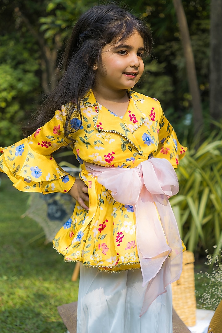 Yellow Satin Modal Floral Printed Overlap Kurta Set For Girls by Ba Ba Baby clothing co. at Pernia's Pop Up Shop