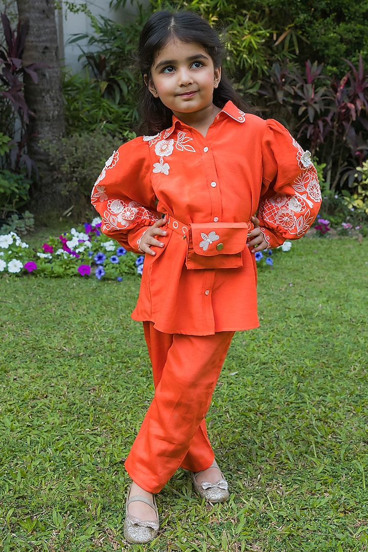 Orange Silk Thread Embroidered Co-Ord Set For Girls by Ba Ba Baby clothing co.