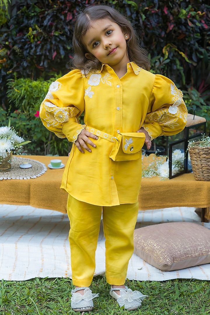 Yellow Silk Thread Embroidered Co-Ord Set For Girls by Ba Ba Baby clothing co.