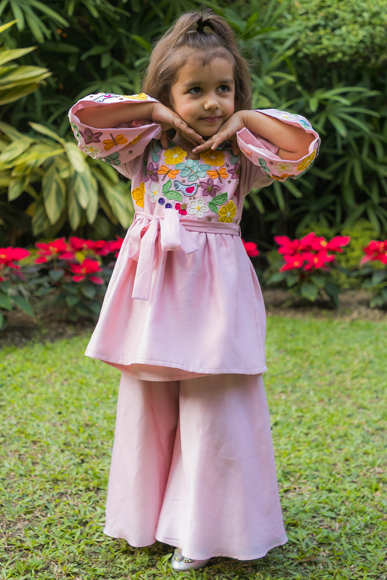 Soft Pink Chanderi Sharara Set For Girls by Ba Ba Baby clothing co. at Pernia's Pop Up Shop