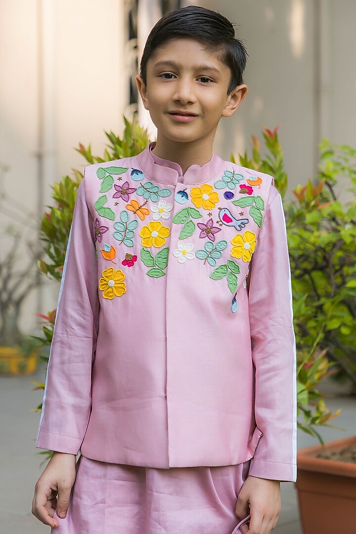 Soft Pink Silk Floral Hand Embroidered Bundi Jacket Set For Boys by Ba Ba Baby clothing co. at Pernia's Pop Up Shop