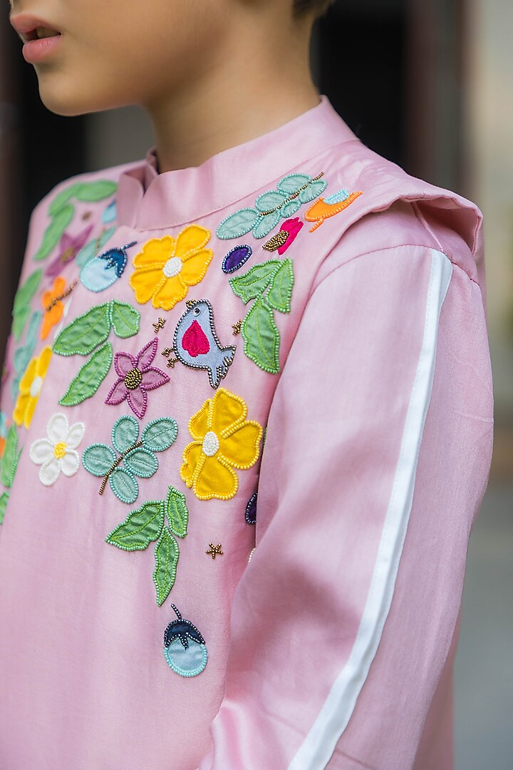 Soft Pink Silk Floral Hand Embroidered Bundi Jacket Set For Boys by Ba Ba Baby clothing co. at Pernia's Pop Up Shop