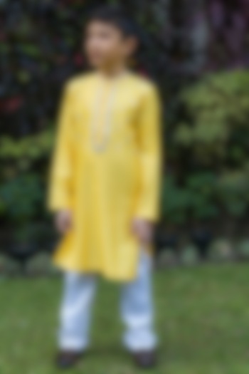 Soft Yellow Chanderi Mirror Hand Embroidered Kurta Set For Boys by Ba Ba Baby clothing co.