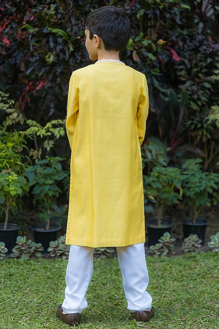Soft Yellow Chanderi Mirror Hand Embroidered Kurta Set For Boys by Ba Ba Baby clothing co. at Pernia's Pop Up Shop
