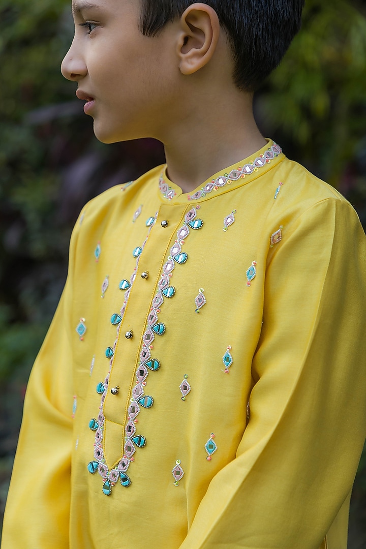 Soft Yellow Chanderi Mirror Hand Embroidered Kurta Set For Boys by Ba Ba Baby clothing co. at Pernia's Pop Up Shop