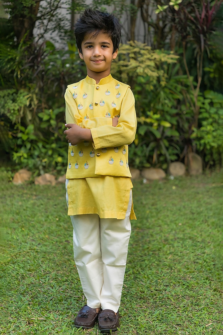 Soft Yellow Chanderi Boat Motif Hand Embroidered Nehru Jacket Set For Boys by Ba Ba Baby clothing co.