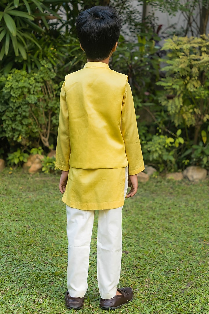 Soft Yellow Chanderi Boat Motif Hand Embroidered Nehru Jacket Set For Boys by Ba Ba Baby clothing co. at Pernia's Pop Up Shop