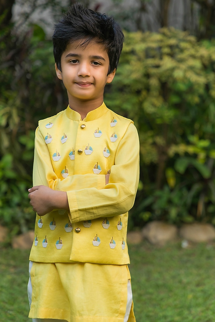 Soft Yellow Chanderi Boat Motif Hand Embroidered Nehru Jacket Set For Boys by Ba Ba Baby clothing co. at Pernia's Pop Up Shop